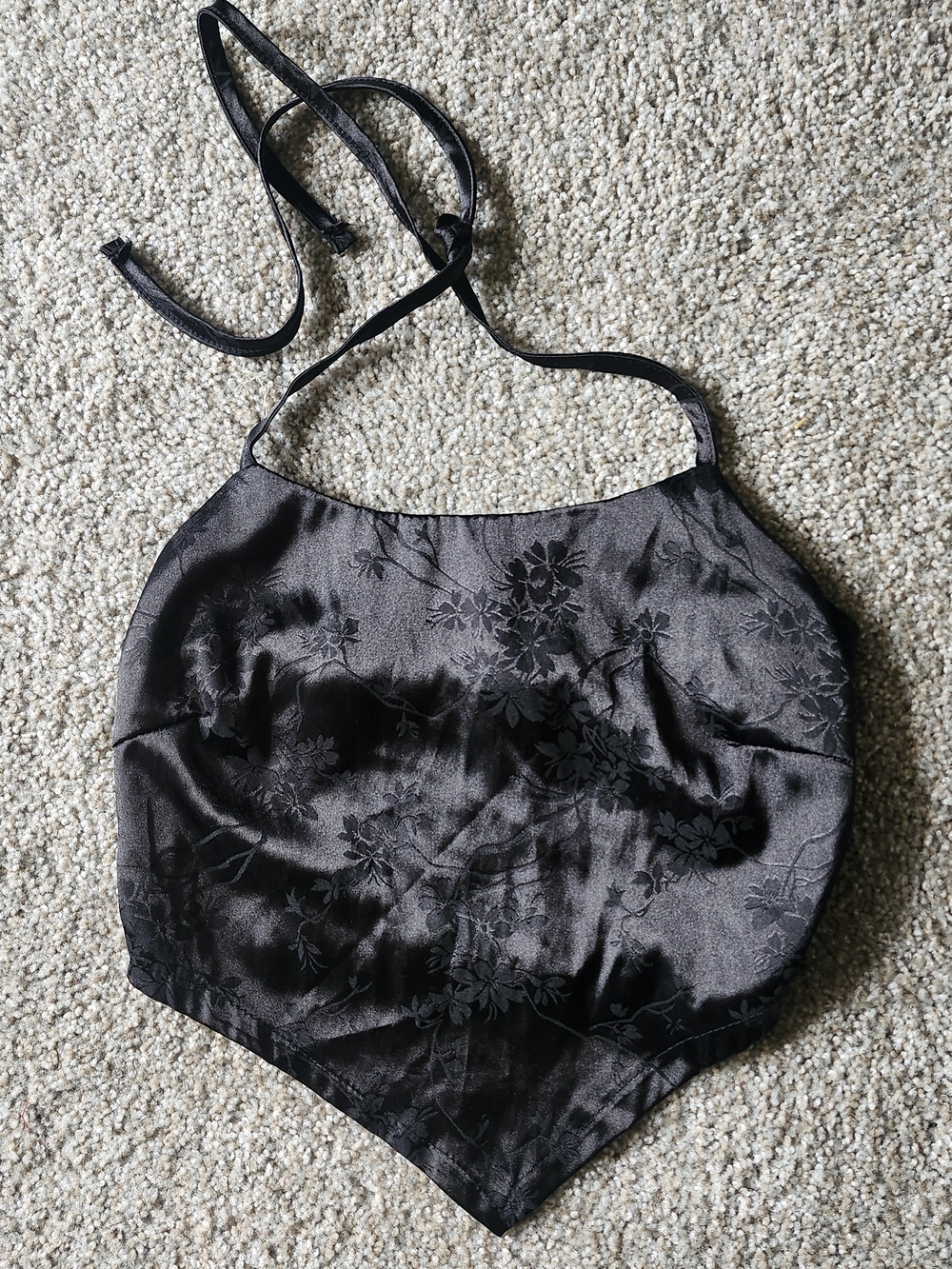 Black Floral Satin Halter Scarf Top